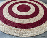 Round Jute Rug – Red & Natural Striped Handwoven Boho Mat
