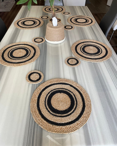 Hand-Braided Jute Placemats – Natural & Black (Set of 4/6 + Coasters)