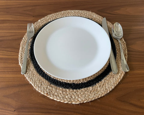 Hand-Braided Jute Placemats – Natural & Black (Set of 4/6 + Coasters)