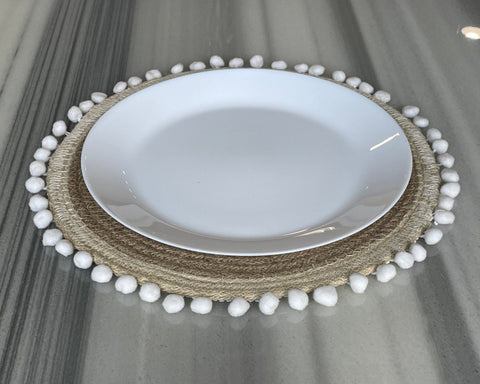 Hand-Braided Jute Placemats with Pom-Pom Trim – Round, Natural (Set of 4/6) - ETTYL