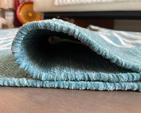 Geometric Chenille Rug – Teal & White, Handloomed – 3x5 & 4x6