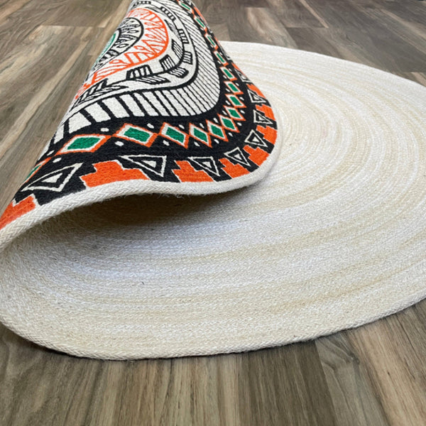 Reversible Round Jute Rug – Boho Tribal Pattern & Natural Beige