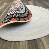 Reversible Round Jute Rug – Boho Tribal Pattern & Natural Beige